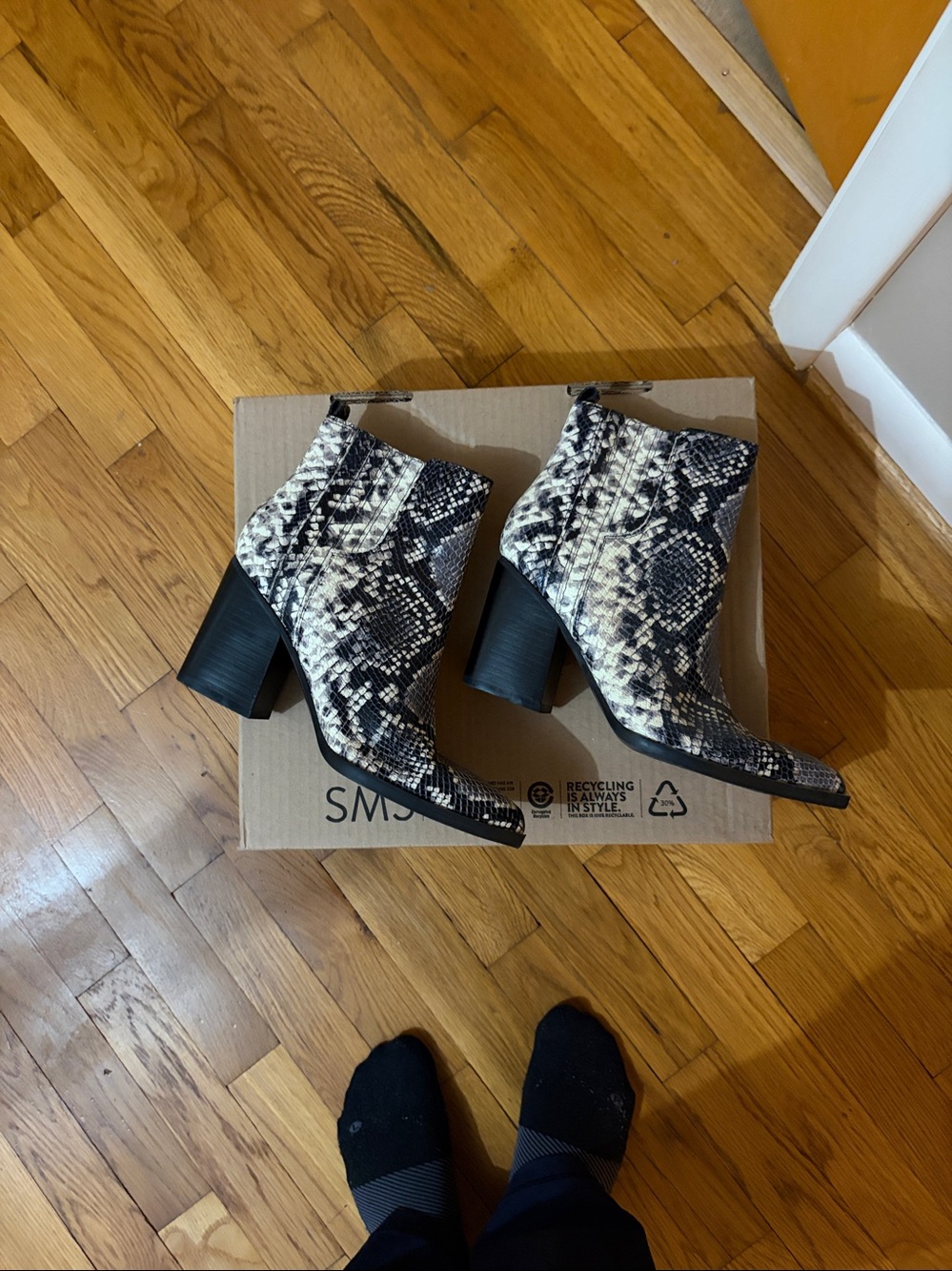 Marc Fisher Snake-Print Ankle Boots in Black and Gray